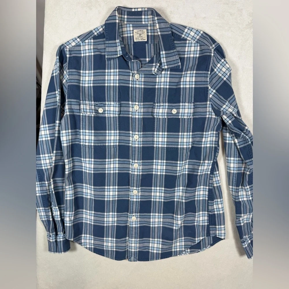 Lot of 2 J. Crew Medium Blue and Black Plaid Flannel Casual Shirts